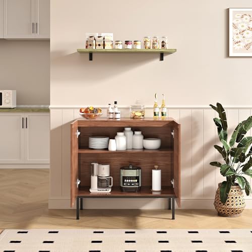 BVIUNTWO Modern Storage Cabinet with Slatted Doors,Sideboard Buffet Cabinet with Adjustable Shelf and Metal Legs for Kitchen,Dining Room,Living Room,32 Inch,Brown - size: 32 Inch