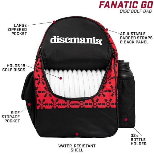 Discmania Fanatic Go Disc Golf Backpack | 18 Capacity + Top Pocket for 2 Putters | Lightweight, Durable Disc Golf Bag | Tall Side Pocket, Bottle Holder | Padded Straps & Water-Resistant Shell - color: Red