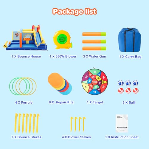 JOYLDIAS Inflatable Water Slide,Water Park Bounce House,Slide Bouncer Castle Playhouse w/Splash Pool, Climbing Wall, Trampoline,Felt Ball Target, Ring Toss Game for Kids Outdoor Fun, 550W Air Blower - color: Multicolor