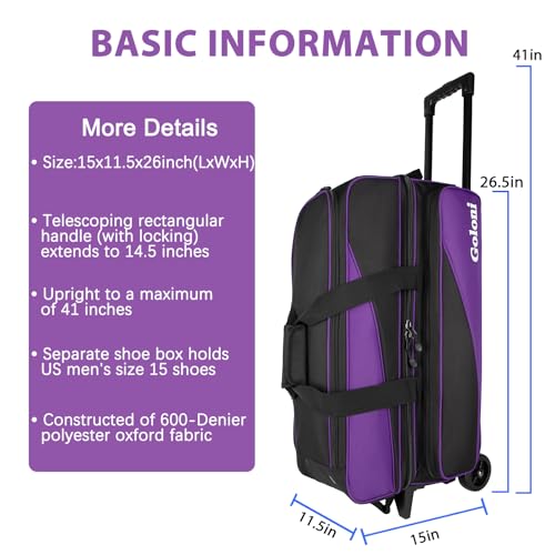 Goloni 3 Ball Bowling Bag with Wheels, Rolling Bowling Roller Bag with Retractable Handle for Balls & Bowling Accessories - color: 3 Ball-Purple