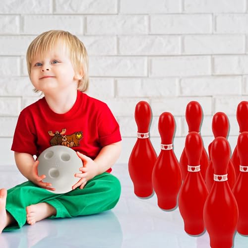 4E's Novelty Valentines Day Bowling Game Set - 10 Red Pins, 2 Balls, Indoor/Outdoor Backyard Carnival Game, Classroom Valentine's Party Games Galentines Activity for Kids Adults