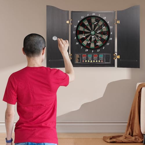 Electronic Dart Machine,Wall-Mounted Decorative Dartboard Cabinet Set with 4 LED Displays,Soft Dart Head Dartboard Cabinet with 12 Darts & 88 Dart Heads,Electronic Scoreboard for Offices,Gardens,Pubs