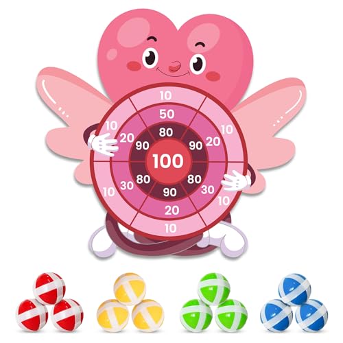 4E's Novelty Valentine Dart Board Game with 12 Sticky Balls - 30" Large Heart Kids Dart Board Indoor/Outdoor, School Valentine's Day Games for Kids Classroom Party Adult