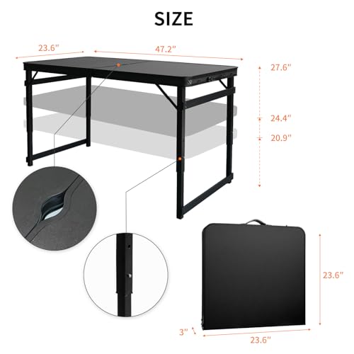4FT x 2FT Folding Camping Table Adjustable Height with Umbrella Hole, Aluminum Alloy Legs Foldable Portable Outdoor Table for Picnic, Travel, Parties, Kids Craft, Market Vendor Use - size: 4 ft × 2 ft × 2.3 ft H, with Umbrella Hole