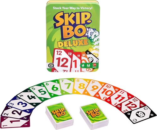 Mattel Games Skip-Bo Deluxe Card Game for Kids, Grown-Ups & Family Nights in Tin Packaging, Color Blind Accessible Deck for 2 to 6 Players Ages 7+ (Amazon Exclusive) - style: Skip-Bo Deluxe