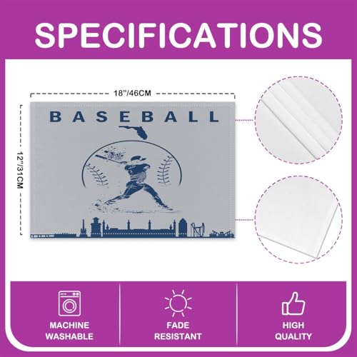 Erosebridal Baseball Placemats Set 4 Piece Softball Place Mat Sports Games Placement Mats Athlete City Silhouette Table Mats for Dining Table Setting, Grey Navy Blue - color: Grey Navy Blue
