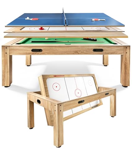 7FT 4-in-1 Multi Game Table, Combo Game Table with Billiards, Air Hockey, Ping Pong & Dining Table, Wood Game Room Table with All Accessories for Home, Family, Adults & Kids
