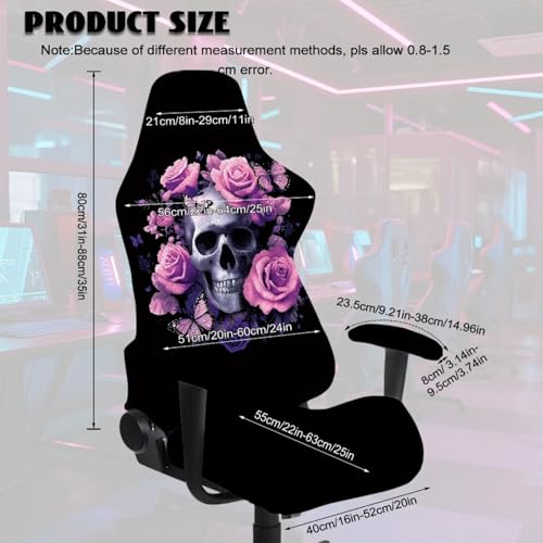 Elastic Gaming Chair Covers Slipcovers 4Pcs with Armrest Cover Skull Rose Butterfly Print Gamer Desk Chair Covers Universal Fit for Desk/Swivel/Rotating Chairs Protector - color: Black and Pink - Skull Rose Butterfly