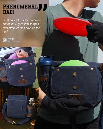 Disc Golf Bag | Frisbee Golf Bag | Easy to Carry | Lightweight Fits Up to 10 Discs | 16 oz Waxed Canvas Sturdy Design | Belt Loop | Double Button Design | Bottle Holder - style: Waxed Canvas / Leather - Blue