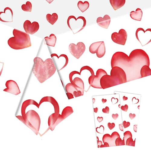 2 Pack Plastic Valentine's Day Tablecloths Love Heart Plastic Table Covers Disposable Table Cloths BBQ Picnic Pink Table Cloth Wedding Party Love Heart Tablecloth TableCovers 54 x 108 in - color: Pink Heart