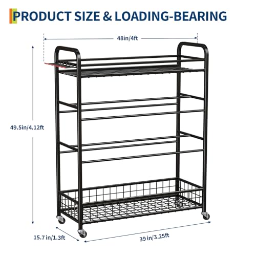 GarveeLife Garage Sports Equipment Organizer - Rolling Ball Storage Bin with Wheels, Garage Sports Gear Rack Outdoor Basketball Racks for Balls with Baseball Bat Holder and Hooks, Toy Organizer