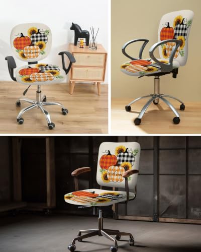 Savannan Office Chair Cover, Thanksgiving White Yellow Plaid Pumpkin Protective Stretch Elastic Universal Cover for Desk Task Chair,Computer Rotating Chair 1 Pcs Plant on Linen
