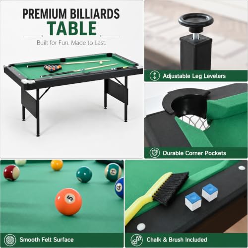5.3 FT Pool Table Portable Foldable Billiards Table for Kids & Adults with with Balls, Cues, Chalk, Rack & Brush, Compact Space-Saving Game Table for Family Game Room & Office - color: Black+Green