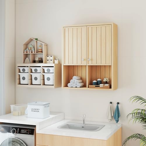Bathroom Storage Cabinet Wall Mounted, Pre-Assembled Wood Medicine Cabinet with 2 Doors, Slim Hanging Wall Cabinet Over The Toilet for Small Spaces, Modern Farmhouse Style,Natural Oak