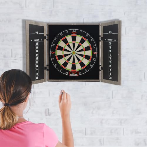 Dartboard Cabinet Set with 18" Bristle Dartboard - Self-Healing Sisal, 6 Steel Tip Darts, Scoreboard & Chalk - All-in-One Game Room Set for Home, Bar, Garage (Gray)