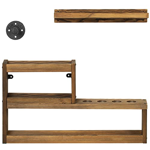 MyGift Pool Cue Rack Set, Rustic Burnt Solid Wood Billiards Cue Stand Wall Mount Holder, Ball Storage with Industrial Pipe Triangle Rack Hanging Hook