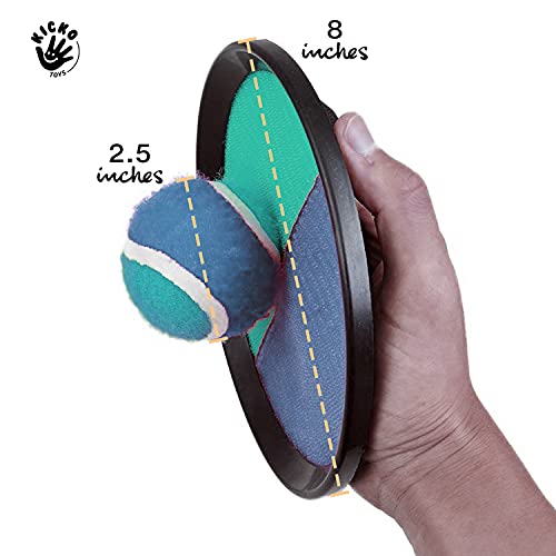 Kicko Toss and Catch Ball Game - Purple and Teal -Paddle Balls with Catcher Mitts, Hard and Soft Tennis Balls, & Travel Case - for Kids Indoor or Outdoor Team Sports, Backyard or Beach NEW & Improved