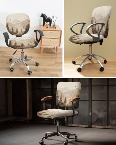Savannan Office Chair Cover, Foggy Mountain Forest Tree Bird Protective Stretch Elastic Universal Cover for Desk Task Chair,Computer Rotating Chair 1 Pcs Retro Natural Scenic Theme