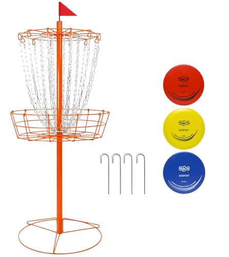 Disc Golf Basket - Portable Disc Golf Target with Heavy Duty 24-Chains Come with 6pcs Disc Golf Discs and Carry Bag, Ground Stake -Suitable for Players of All Levels - Multi Color Available - style: Basic Orange- 3 PCS