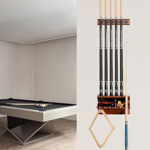 SUPERDIAMOND Hardwood Pool Cue Rack Wall Mount, 6 Pool Stick Holder with Accessory Storage Shelf & Triangle Hooks, Adjustable 2-Piece Space Saving Billiard Organizer for Game Room, Man Cave,Brown - size: 6 Cues, style: SU-wa6-Cue Racks-brown2