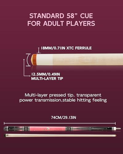 KONLLEN KL-KB Low Deflection Maple Billiards Cue Pool Cue Stick Real Wood Abalone Shell Inlay Wrapless 12.5mm Tip - color: KL-KB-Pink