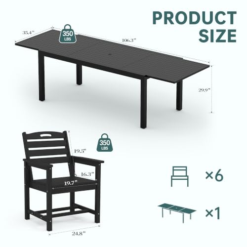 PIZZELLO 7 Pieces Outdoor Dining Set, 106" Extendable Aluminum Patio Dining Table w/ 6Pcs HDPE Patio Chairs, All Weather Outdoor Table and Chairs Sets for Backyard, Garden and Deck - size: 106"Table + 6 HDPE Chairs
