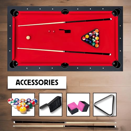 Freetime Fun 6 FT Pool Table, No Assembly, Portable, Includes Billiard Tables Accessories- 2 Pool Cues, Set of Balls, Triangle, Pool Table Brush, Chalk - color: Red Felt
