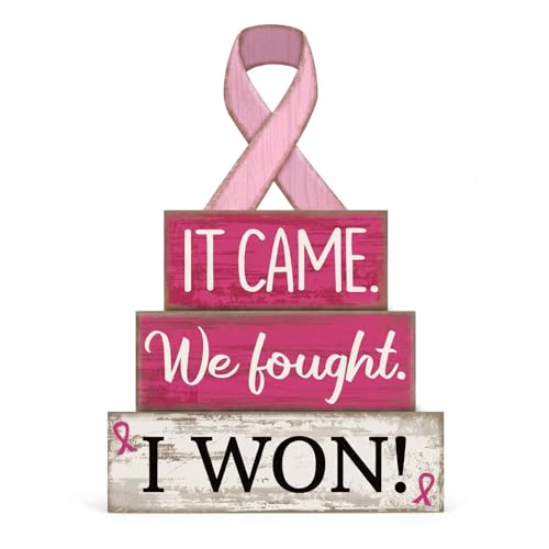 Lineshading 4 Pcs Breast Cancer Awareness Table Decoration Pink Ribbon Stacked Wooden Decor "it Came. We Fought. I Won! " Survivor Block Signs Gift Breast Cancer Tiered Tray Decor for Home Party - style: Breast Cancer