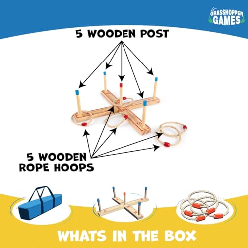Ring Toss - Classic Throwing Game, Wood Set, 5 Stumps & Hoops, Indoor-Outdoor Play, Travel Bag, Party-Backyard Activity, Family Age 3+