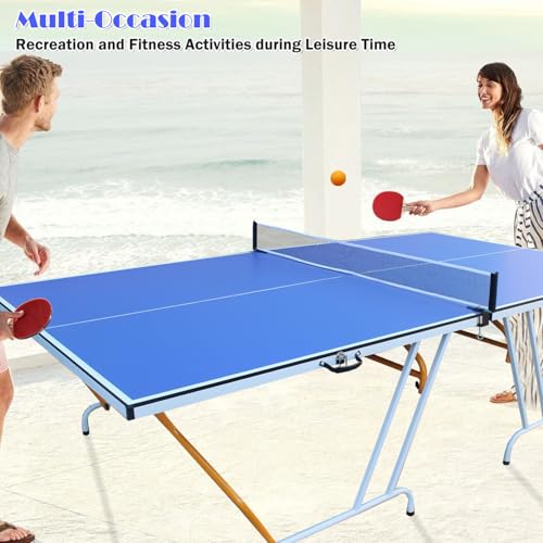 9ft Mid-Size Foldable and Portable Table Tennis Table Set for Indoor Games with Net,2 Table Tennis Paddles,3 Balls - Blue MDF Top,Heavy Duty Aluminum Frame,Easy Storage for Apartments,Offices,Game