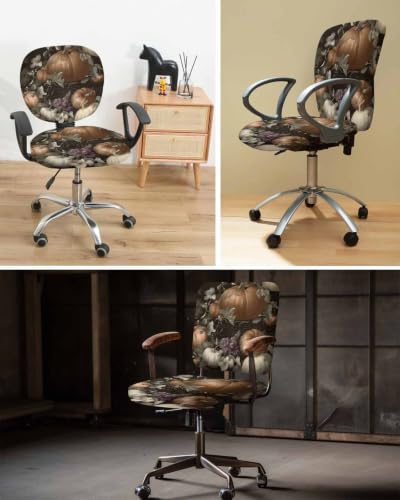 Savannan Office Chair Cover, Vintage Thanksgiving Pumpkin Protective Stretch Elastic Universal Cover for Desk Task Chair,Computer Rotating Chair 1 Pcs Autumn Flower Vine on Black