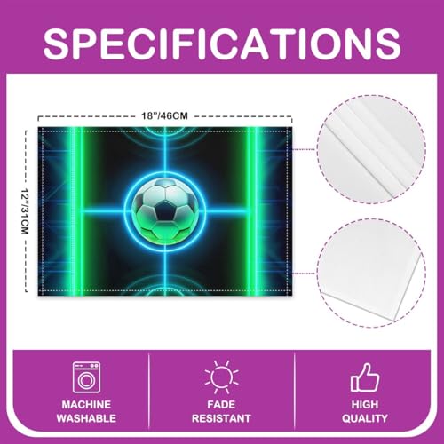 Football Table Placemats Set of 4,Neon Soccer Court Place Mats 12x18 Inch for Kitchen Table,Ball Sports Games Washable Mats Suitable for Restaurant - color: Green