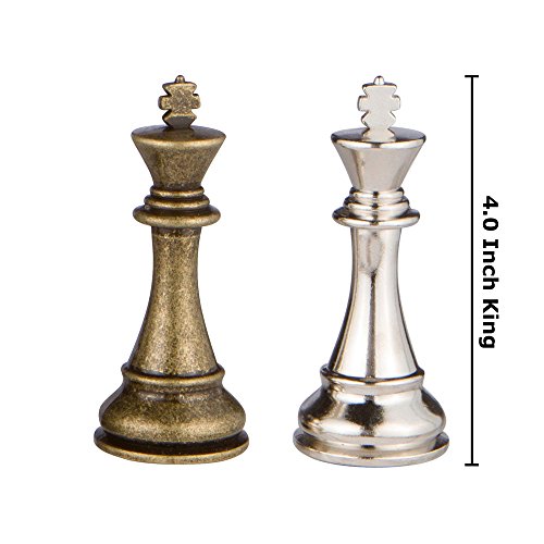 Jupiter Silver and Bronze Metal Chess Pieces with 4 Inch King and Extra Queens, Pieces Only, No Board