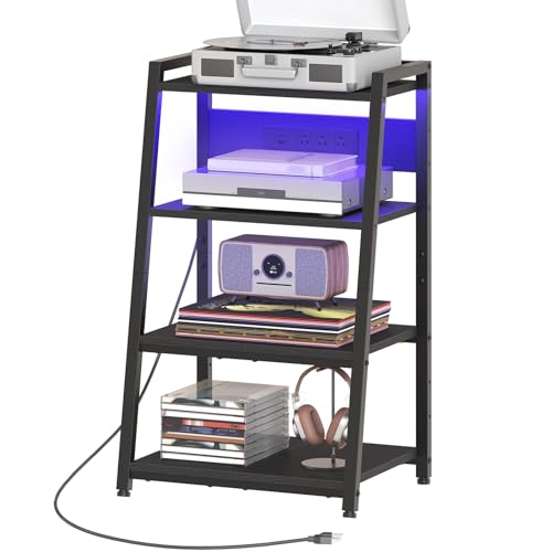 HOOBRO 4-Tier AV Media Stand with Charging Station and LED Light, Wooden Stereo Cabinet, Game Console Stand, Media Audio Tower Rack, Record Player, Small Entertainment Center, Black BB106UDCJ01