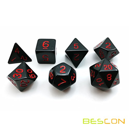 Bescon Polyhedral Dice Set Opaque Black with Red Numbers, Black RPG Dice Set of 7 d4 d6 d8 d10 d12 d20 d% Brick Box Pack - color: Opaque Black W/Red Numbers
