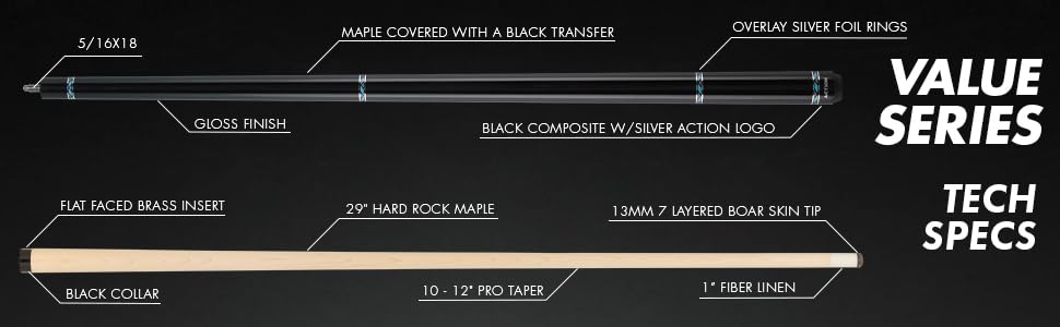 Action VAL26 Value Series Pool Cue - 58" Cue - Hard Maple Shaft with 13mm Boar Skin Tip - Black with Silver Rings - size: 20oz