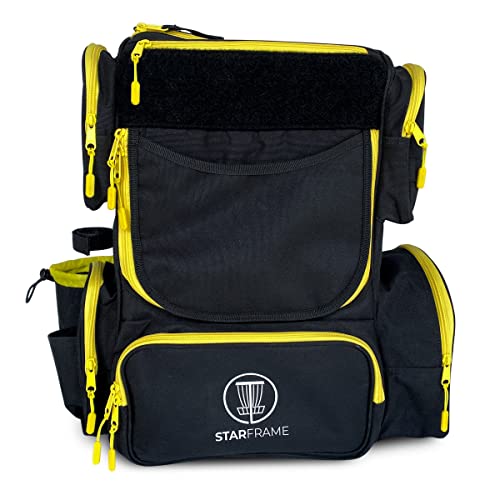 STAR FRAME Bandido Disc Golf Bag With Cooler | 30+ Disc Frisbee Golf Backpack | 4-Can Insulated Cooler | Light Durable Black & Yellow Men Women Disc Golf Bag | Huge Storage & Retriever Holder