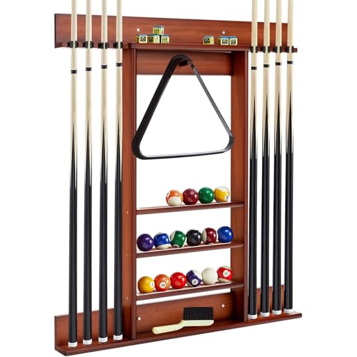 SUPERDIAMOND 8 Pool Stick Holder, Wall Mount Pool Cue Rack for Pool Table Accessories, Made of 100% Solid Wood Billiard Cue Holder Wall Mounted Display Stand for Game Room (Holds 8 Cues &Brown) - size: 8 Cues, style: SU-wa-8 Cue Racks-brown