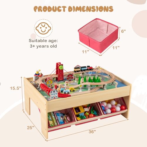 Costzon Train Table, 3-in-1 Wooden Activity Table W/ 3 Storage Bins, Reversible 94 PCS Track Train Toys & Table Map for Building, Playing, Studying, Eating, Kids Train Set Table for Boys Girls Aged 3+ - size: 36" x 25" x 15.5" (L x W x H)