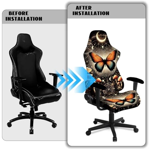 Ergonomic Gaming Chair Covers Set Stretch Rotating Game Chair Seat Cover with Armrest Slipcovers, High Back Computer Armchair Slipcover for Office Home, Butterfly Moon Star Mushroom - color: Butterfly Moon Star Mushroom