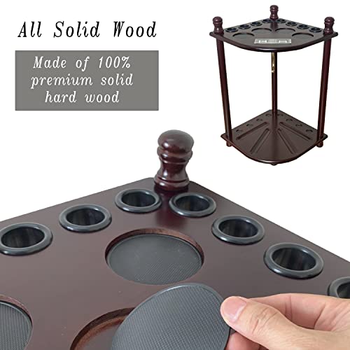 Floor Standing Pool Cue Rack Hold 8 Cue Sticks & Pool Table Accessories, Solid Wood Pool Stick Holder, Corner Pool Cue Holder with Ball Rack Hook & Scorer Counter