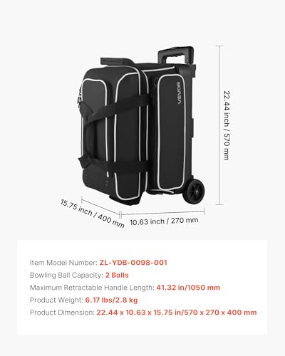 VEVOR Bowling Ball Bag, 2-Ball Bowling Bag with Wheels, Featuring a Separate Compartment for Shoes (Up to US Size 16) & Oversized Accessory Pocket, Retractable Handle Extends to 41.32 in - style: Black-white