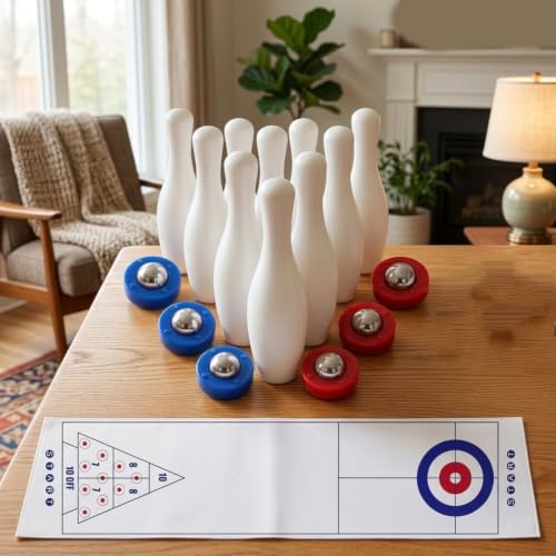 Minhe Tabletop Shuffleboard Bowling Game Interactive Family Game Set With Multiple Playmats For Indoor Enjoyment Bowling Set