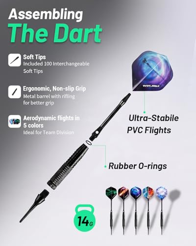 WIN.MAX Electronic Dart Board, Soft Tip Digital Dartboard for Adults, 34 Games 355 Variants Auto Scoring, 12 Darts 100 Tips, Adapter/Batteries, LCD Display Wall Mount for Home Bar Party Game Room