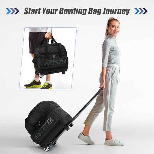 2 Ball Bowling Bag with Wheels, Bowling Bags 2 Ball Roller - 1680D Reinforced Oxford, Bowling Ball Bag with Separate Shoe Compartment & Retractable Handle Extends to 40'' - color: Black