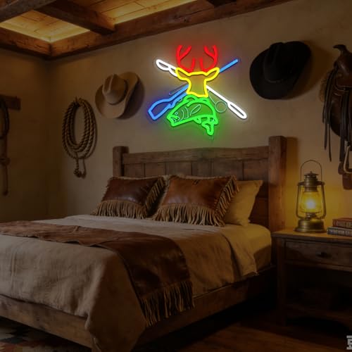 Deer Hunting Neon Sign for Wall Decor, Deer Head Led Signs for Bedroom, USB Dimmable Fish Hook Neon Lights for Man Cave Cabin Wall Accent Bar Home Pub Wildlife Hunting Wall Art - style: Deer Fish