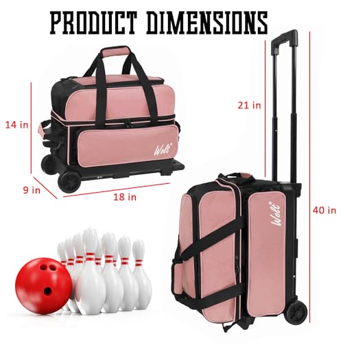 WOLT Double Roller 2 Ball Bowling Bag with Separate Shoe Compartment, Large Capacity Bowling Ball Bag with Accessory Pocket, Retractable Handle Extends to 40" - color: Light Pink