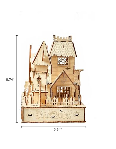 3D Wooden Puzzles Halloween House Kits Includes Light Strip, Brainteaser and Puzzle for Halloween/Birthday,Gifts for Adults and Teens to Build Combination - style: Halloween House