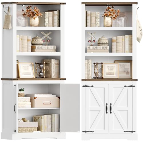 TEENFON 70.9in Tall Storage Cabinet with Adjustable Shelves, Kitchen Pantry Cabinet with 2 Barn Doors, 5 Tiers Farmhouse Bookcase for Living Room, Kitchen, Home Office, Bedroom, White - color: White-01