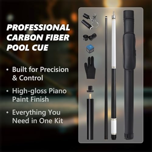 Carbon Fiber Pool Cue Stick with 12.5mm Tips Professional Pool Stick for Adults Low Deflection Pool Cue Full Carbon PRO Taper Shaft, Genuine Leather Wrap, Uni-Loc Joint, 58inch, 19oz